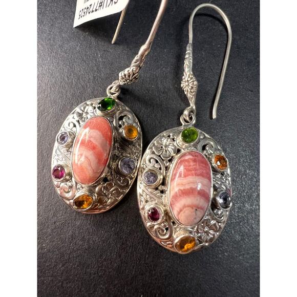 NEW Bali rhodochrosite multi gem sterling silver earrings - Picture 7 of 9